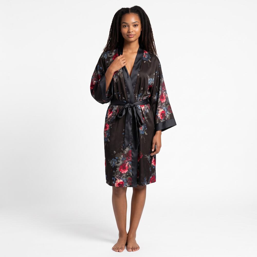 SOMA | S/M | Black & Red Floral Print Belted Satin Kimono Style Short Robe